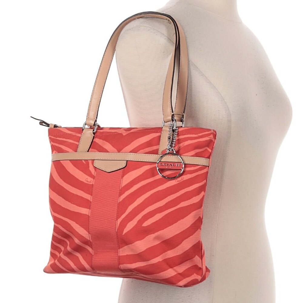 Coach Women's F23283 Orange Tan Canvas Zebra Print Leather Trim Tote Handbag